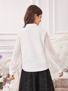 SHEIN Tween Girls 优雅款网眼灯笼袖长袖衬衫/衬衫 - 白色 - 查看 2