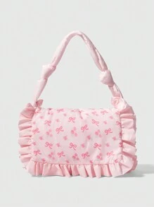 ROMWE Kawaii 1 pieza Bolso de mano grande con volantes y lazo rosa, adecuado para una cita del Día de San Valentín