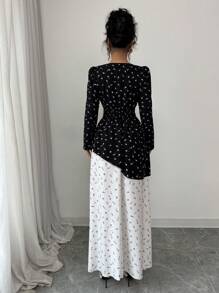 Chiquease Women's Square Neck Patchwork Ditsy Floral Long Dress, Elastic Waist, Suitable For Spring & Autumn - Multicolor - View 2