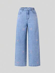 SHEIN Tween Girls Sweet & Cute Collegiate Style Pink Bow Embroidered Loose Comfortable Casual Wide Leg Jeans