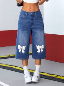 SHEIN ICON 女士蝴蝶结、猫须、豹纹水洗牛仔七分裤 - 中等水洗藍 - 查看 3