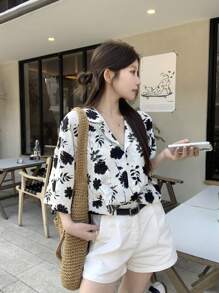 DAZY Blusa casual de mujer con estampado floral y abierta en la parte delantera, para el verano