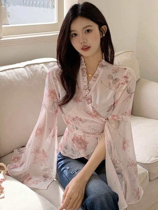 DAZY Women's Allover Print Chiffon Long Sleeve Casual Shirt Floral,Ruffle