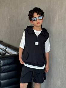 SHEIN 3 件套青少年男孩休闲背心、T 恤和短裤 - 黑色 - 查看 7