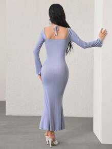 Modelyn 女士系带袖口长袖褶饰鱼尾下摆优雅约会晚礼服 - 淡紫色 - 查看 2