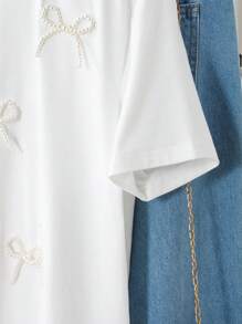 SHEIN Leap Crew 少女白色纯色针织珍珠蝴蝶结圆领短袖 T 恤 - 白色 - 查看 4