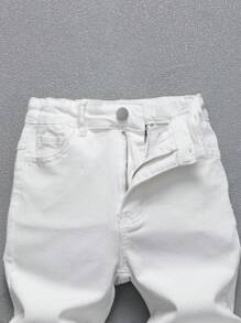 SHEIN Coolqubz Tween Boy All-Match Casual Streetwear Ripped Elastic Waist 5-Pocket Skinny Denim Jeans, Versatile Fashion Jeans All Year Round Chic Outfits For Autumn/Winter,Unisex - White - View 5