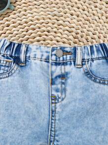 SHEIN 男婴夏季休闲柔软石洗宽松蓝色牛仔短裤，婴儿夏季服装