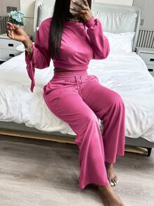 INAWLY Damen Zweiteiler aus einfarbigem Langarmoberteil und langer Hose, Lässig - Pink - Übersicht 3