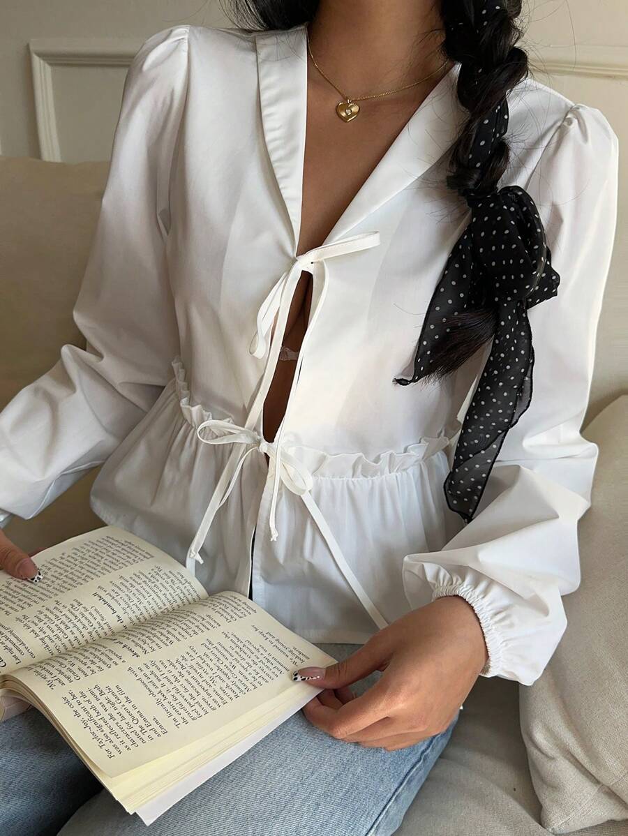 TrendSteals 女士纯色系带荷叶边长袖衬衫 - 白色 - 查看 1