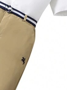 SHEIN 2 Pieces Set Teen Boy Gentleman Outfit - White Short Sleeve Shirt + Beige Long Pants, Business Elegant School Academy Stylish Suit Casual Daily Party Wear - Multicolor - View 5