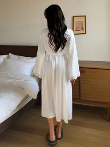 DAZY 蕾丝拼接性感透明宽松长袖女式睡衣，返校睡衣 - 白色 - 查看 2