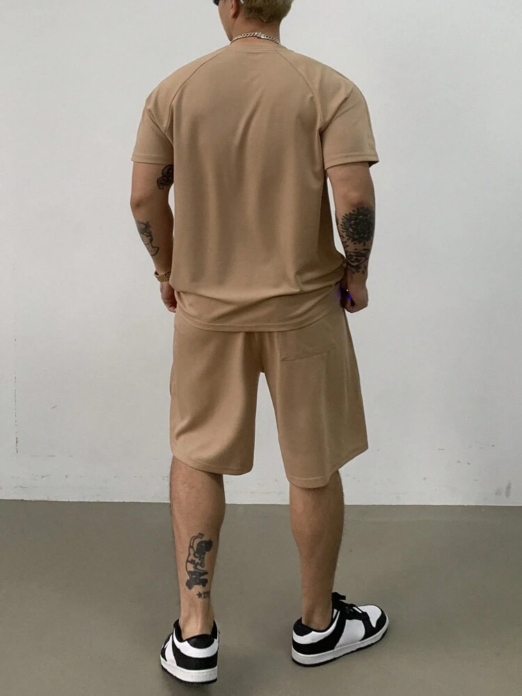 Summer Plain Apricot Color Pleated Design Stylish Men T-Shirt Set