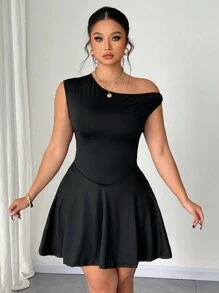 SHEIN Unity Plus Size Women's Stretch Bodycon Mini Dress, Oblique Sleeveless - Black - View 5