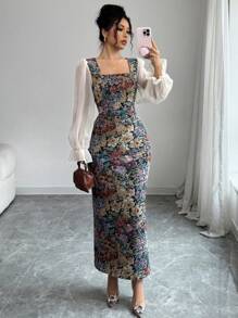 Modelyn Women's Multi-Color Patchwork Print Chiffon Square Neck Waistline Bodycon Long Sleeve A-Line Dress, Elegant