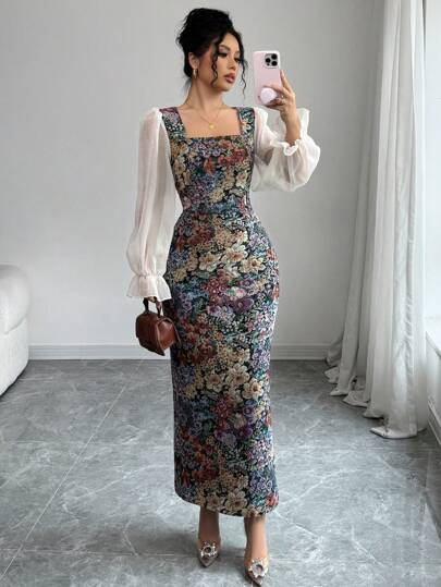 Modelyn Vestido largo elegante de manga larga con cuello cuadrado, silueta evasé y estampado patchwork multicolor en gasa para mujer