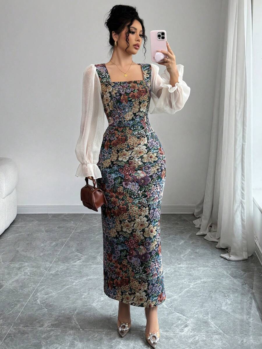 Modelyn Women's Multi-Color Patchwork Print Chiffon Square Neck Waistline Bodycon Long Sleeve A-Line Dress, Elegant