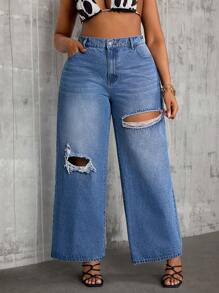 SHEIN SXY Plus Size Women Distressed Pocket Loose Casual Jeans - Blue - View 1