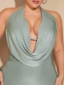 SHEIN BAE Plus Size Women Spring/Summer Elegant Basic Dress, Romantic Vacation/Daily Wear, Back To School Formal Dress, Solid Color Draped Halter Backless High Slit Dress, Cruise Wear - Mint Green - View 7