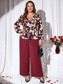 EMERY ROSE Plus Size Valentine's Day Summer Set Elegant Floral Print Shirt And Solid Color Pants 2Pcs Set,Bow,Spring/Summer - Burgundy - View 3