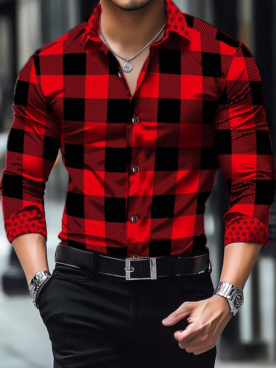 Manfinity Homme 男士格子长袖单排扣休闲/正装衬衫，秋季 - 紅色 - 查看 1