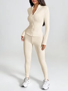 SHEIN PETITE Black Two Pieces Set Sportswear Zip Up Jacket & Leggings - Apricot - View 3