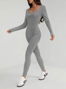 SHEIN Tall 优雅休闲纯色黑色长袖紧身连体裤，U 领 - 灰色 - 查看 3