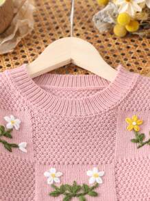 Young Girls Autumn/Winter Handmade Floral Embroidered Lantern Sleeve Chunky Knit Sweater, Round Neck Long Sleeve Pullover - Dusty Pink - View 3