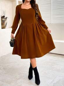 Flirla Einfaches Kleid im französischen Stil, Große Größen, mit quadratischem Ausschnitt, Puffärmeln und taillierter Taille, knielanges Design, für Herbst/Winter