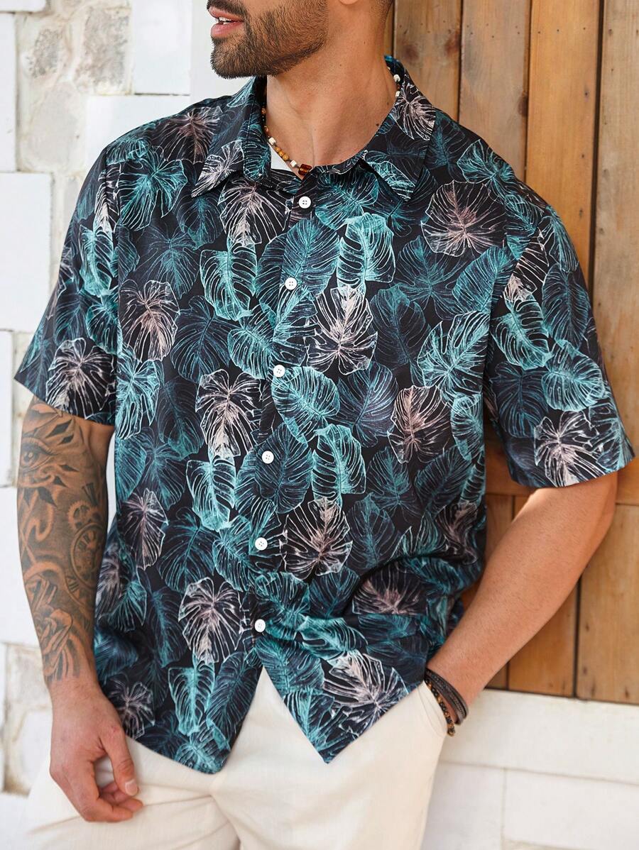 ResortEase Plus Size Men's Botanical Print Short Sleeve Shirt