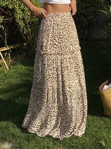 Livesso 女士豹纹荷叶边褶裥半身裙，休闲百搭，适合春夏秋季度假穿着，花卉图案。 - 棕色 - 查看 1