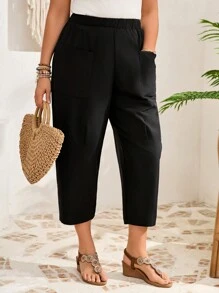 EMERY ROSE Plus Size Women's Solid Pocket Tapered Casual Capri Pants,Vacation Outfits Woman,Summer Clothes
