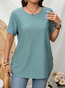 SHEIN LUNE Plus Size Solid Color Round Neck Short Sleeve Casual T-Shirt - Olive Green - View 6