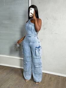 Slaydiva Women's Denim Overalls And Jumpsuits Sexy One Shoulder Overalls Jumpsuit Blue Loose Jumpsuit Cargo Pants Women Rompers For Women Romper Overalls Women Denim Jumpsuit One Piece Jumpsuit Summer Outfits For Women Rave Outfits Festival Valentines