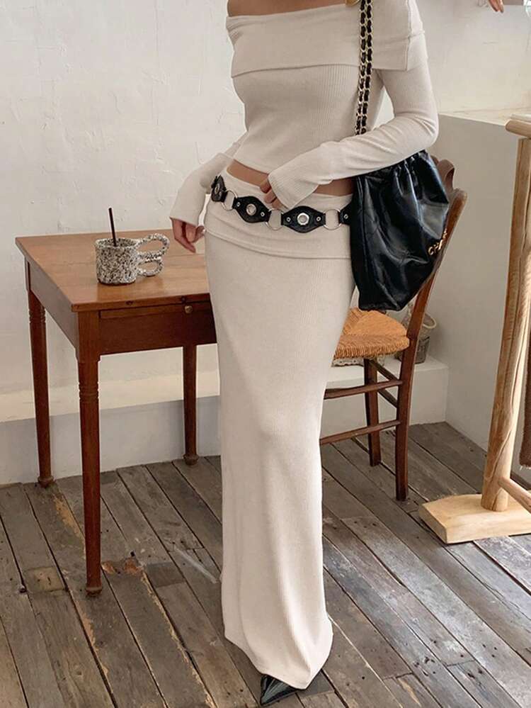 2pcs Women Solid Color Wrap Collar Off Shoulder Crop Top And Skirt Set, Spring/Summer
