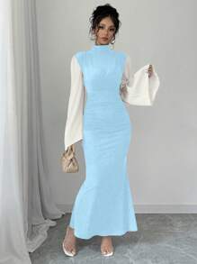 Chiquease Women's Elegant Contrast Color Block Flare Sleeves Stand Collar Mermaid Dress