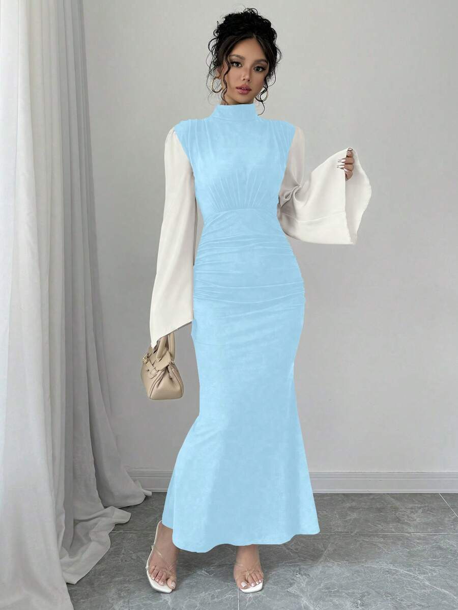 Chiquease Women's Elegant Contrast Color Block Flare Sleeves Stand Collar Mermaid Dress