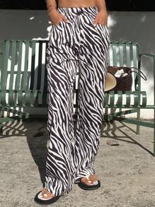DAZY 度假海滩直筒休闲裤，条纹斑马纹修身性感女式长裤 - 黑與白 - 查看 3
