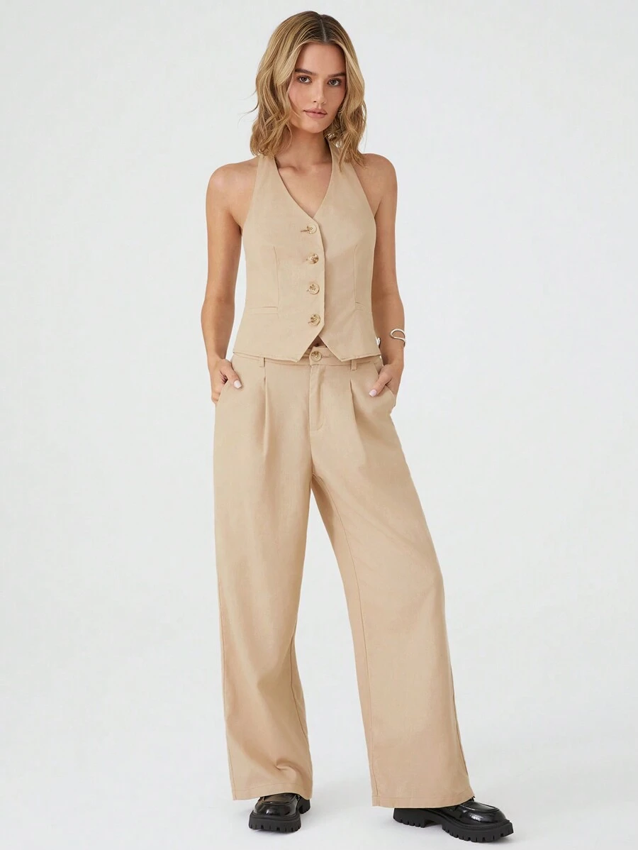 SHEIN EZwear Conjunto de traje de color albaricoque para mujer - Albaricoque - Ver 1