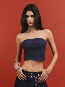 LYSMO Women's Minimalist Fitted Denim Tube Top, Casual Daily Wear - Royal Blue - View 5
