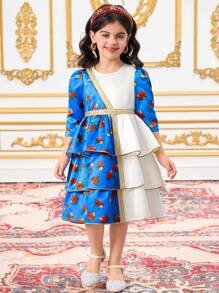 SHEIN Leap Crew Robe de jeune fille DRMZ tressée à motif floral Ditsy, patchwork de couleur unie, avec ornement de toile d'or, encolure ronde ajustée et manches courtes. Convient pour le port quotidien des filles, les festivals, les rassemblements familiaux et les occasions spéciales