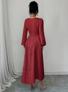 Modelyn Women's Solid Color V-Neck Long Sleeve Casual Long Dress