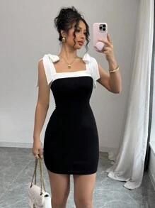 Elenzga Women's Elegant Party Color Block Camisole Mini Dress - Black - View 1