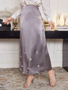 Modelyn 女士优雅银色亮片串珠花卉图案中长裙 - 灰色 - 查看 5