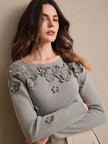 Anewsta Áo len đan móc cổ tròn thanh lịch họa tiết hoa 3D, áo len chui đầu mùa thu đông năm mới - Xám - Xem 2