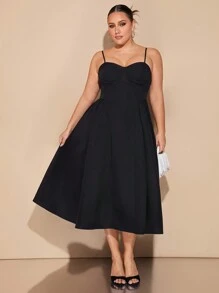 SHEIN BAE 加大码黑色优雅长裙，适合日常、约会、郊游、夜店派对，优雅女士细肩带长款泡泡袖连衣裙，春季连衣裙，女士生日连衣裙 - 黑色 - 查看 1