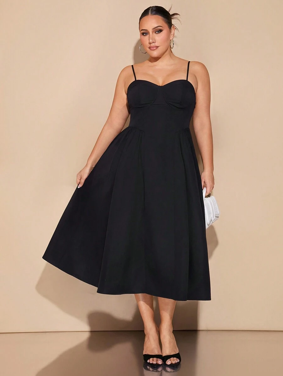 SHEIN BAE 加大码黑色优雅长裙，适合日常、约会、郊游、夜店派对，优雅女士细肩带长款泡泡袖连衣裙，春季连衣裙，女士生日连衣裙 - 黑色 - 查看 1