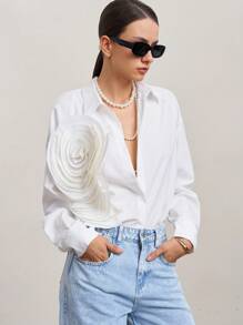 SURIMA Women's Solid Color Front Button Long Sleeve Casual Shirt With 3D Floral Decor