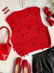 Comfortcana Women's Solid Color Crew Neck Sleeveless Bow Decor Simple Casual Sweater Vest - Red - View 4