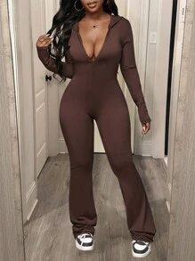 Slaydiva Conjunto de pantalón acampanado y sudadera con capucha de manga larga de ajuste ceñido, unicolor casual y versátil, para otoño/invierno